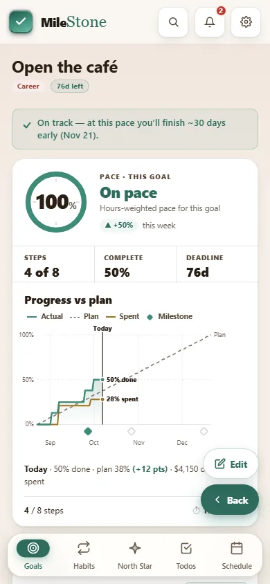 A goal page: pace, steps and progress against the plan