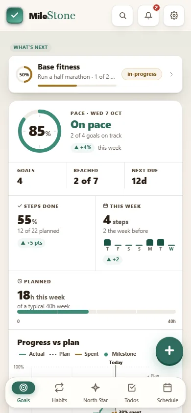 The Goals tab: how many goals are on pace, steps done and hours planned