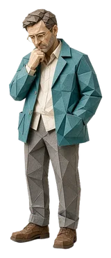 Dany, a middle-aged man in a teal jacket and round gold glasses, made of torn paper, with his head tilted and a hand on his chin, thinking.