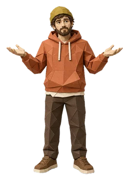 Marko, in a terracotta hoodie and olive beanie, made of torn paper, shrugging with open hands.