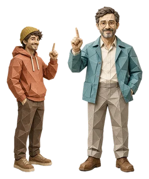 Marko (terracotta hoodie, olive beanie) and Dany (teal jacket, round gold glasses), made of torn paper, both pointing up with one finger.