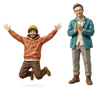 Marko (terracotta hoodie, olive beanie) and Dany (teal jacket, round gold glasses), made of torn paper: Marko jumps with joy while Dany claps quietly.
