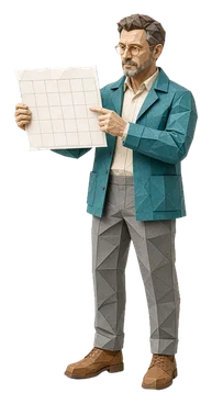Dany, a middle-aged man in a teal jacket and round gold glasses, made of torn paper, holding up a blank paper calendar page and pointing at it.